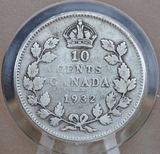 1932 Canadian Silver 10 Cent Coin - F (Fine) Condition - King George V - Canada 10 Cent 80% Silver 1932