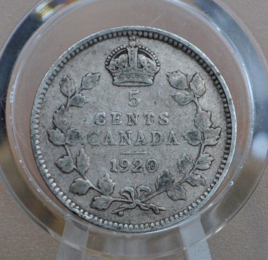 1920 Canadian Silver 5 Cent Coin - F (Fine) Condition - King George - Canada 5 Cent 80% Silver 1920 Canada