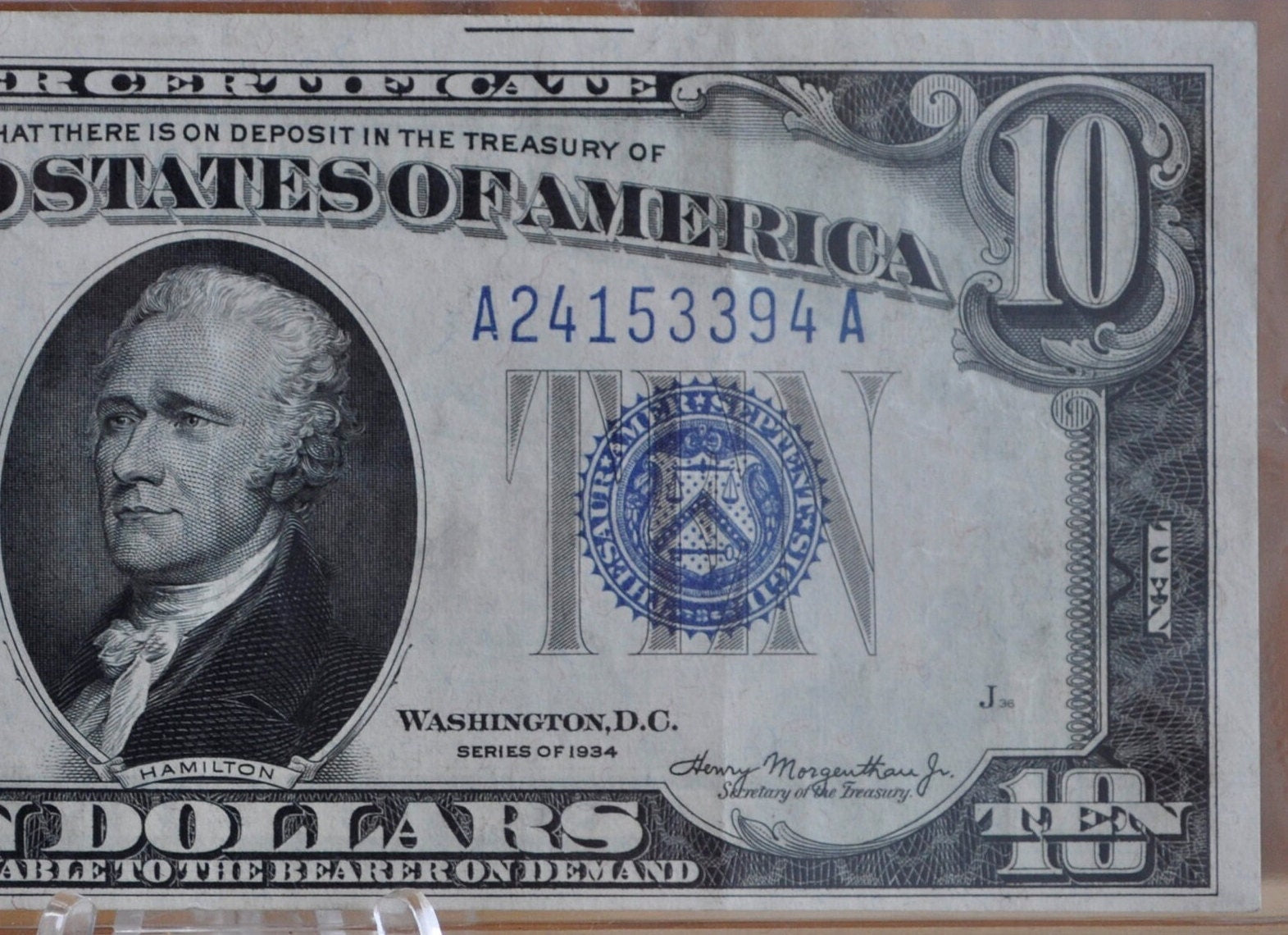 1934 10 Dollar Silver Certificate - AU (About Uncirculated) Grade / Condition - Blue Seal 1934 Ten Dollar Silver Cert - Fr#1701, Fr1701