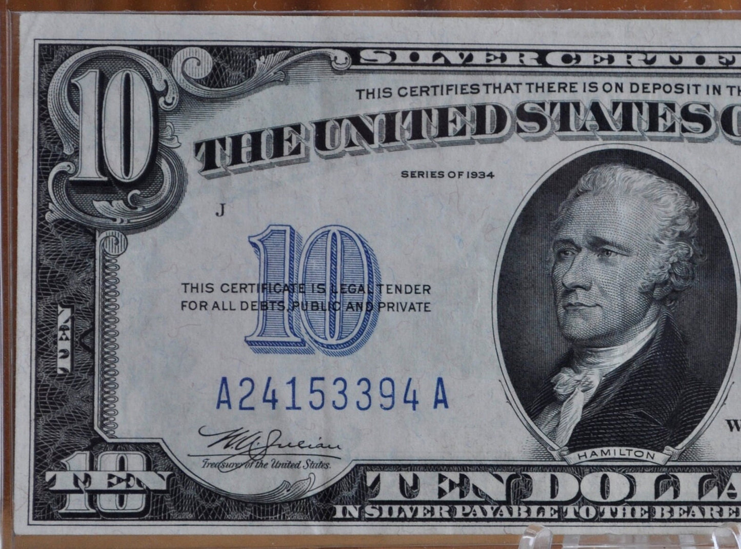 1934 10 Dollar Silver Certificate - AU (About Uncirculated) Grade / Condition - Blue Seal 1934 Ten Dollar Silver Cert - Fr#1701, Fr1701