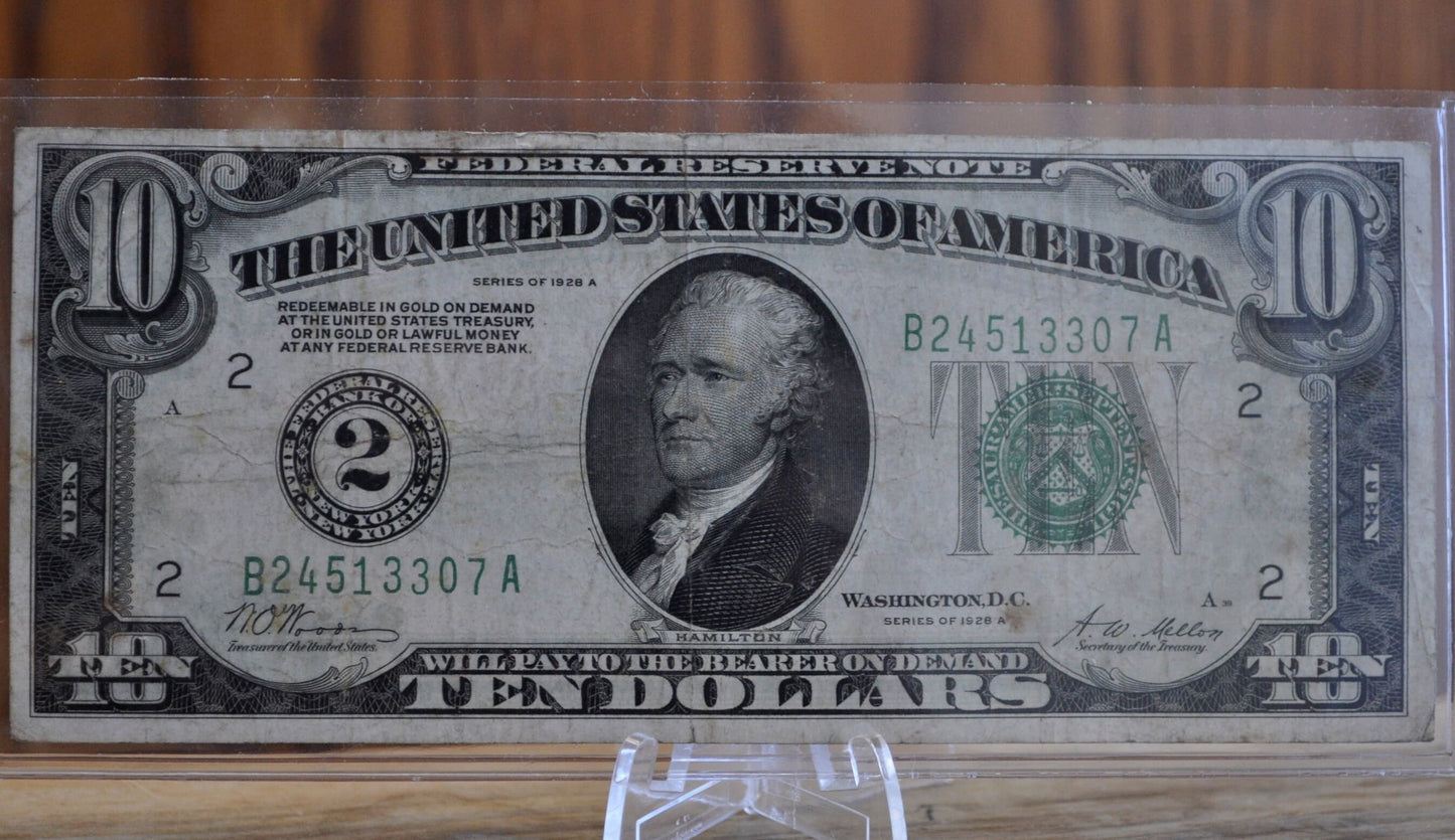 1928-A 10 Dollar Federal Reserve Note - VF (Very Fine) Grade - New York - 1928 Ten Dollar Bill Fr#2001-B / Fr2001B Redeemable In Gold