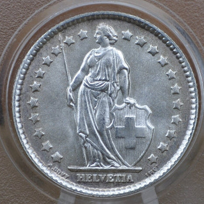 1963-B Swiss 1 franc, MS63 Choice Uncirculated 83.5% Silver Coin Gem BU Condition One Franc Silver Helvetica 1963 B Specimen