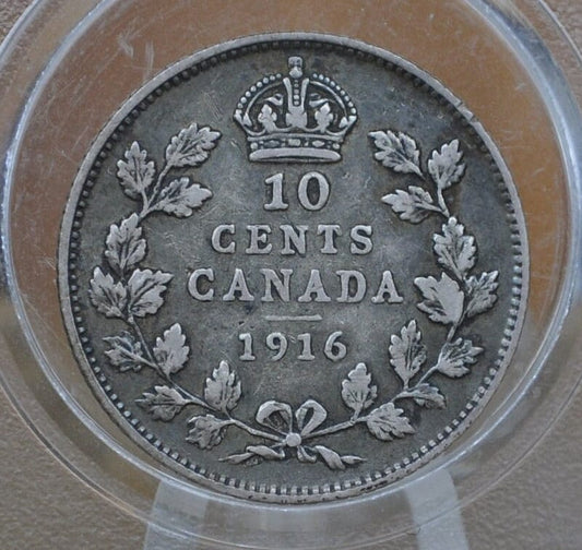 1916 Canadian Ten Cent - F (Fine) Grade / Condition - King George V - 10 Cent Canada 1916 Cent - 1916 Canada Dime