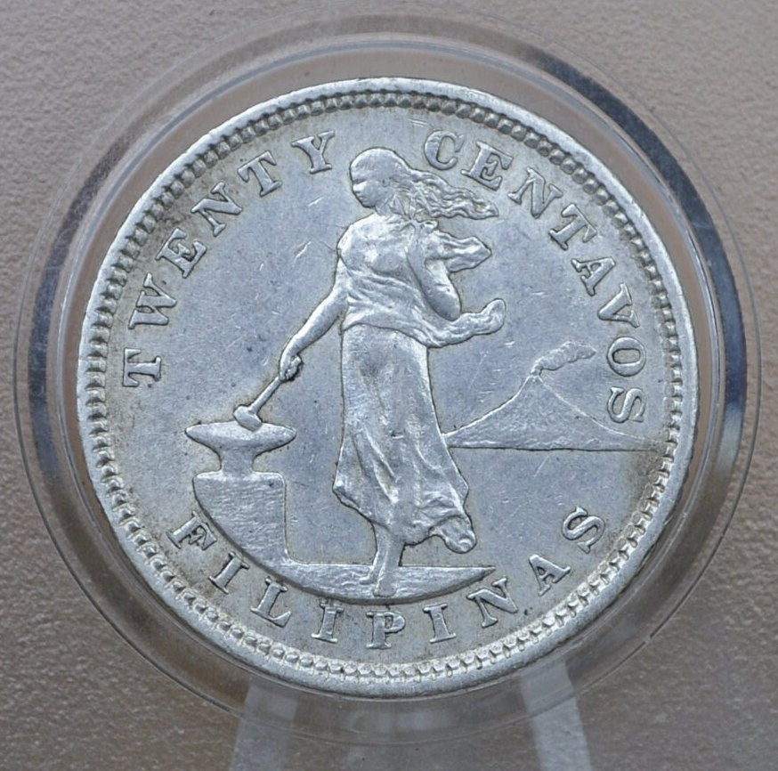 1903 Philippines 20 Centavos - AU (About Uncirculated) Condition - 1903 Silver Twenty Centavos Philippines, 90% Silver