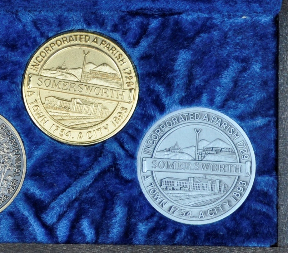 Set of 4 Somersworth New Hampshire Town Medals in a Collection Case - Sterling Silver, Bronze, Gold Plated, Pewter - Somersworth NH Medals