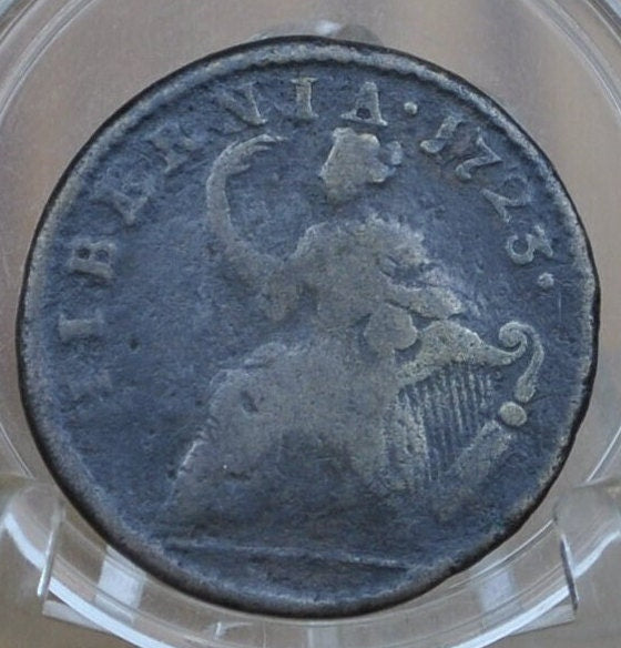 1723 Hibernia Halfpenny Colonial Coin 1/2p - Great Details - 1723 Woods Hibernia - Copper Half Penny 1723