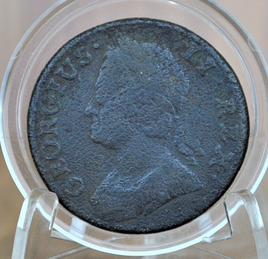 1744 Great Britain Halfpenny 1/2p - VG Details, Corrosion - 1744 Britannia Ha'penny - George II - Copper Half Penny 1744, Authentic