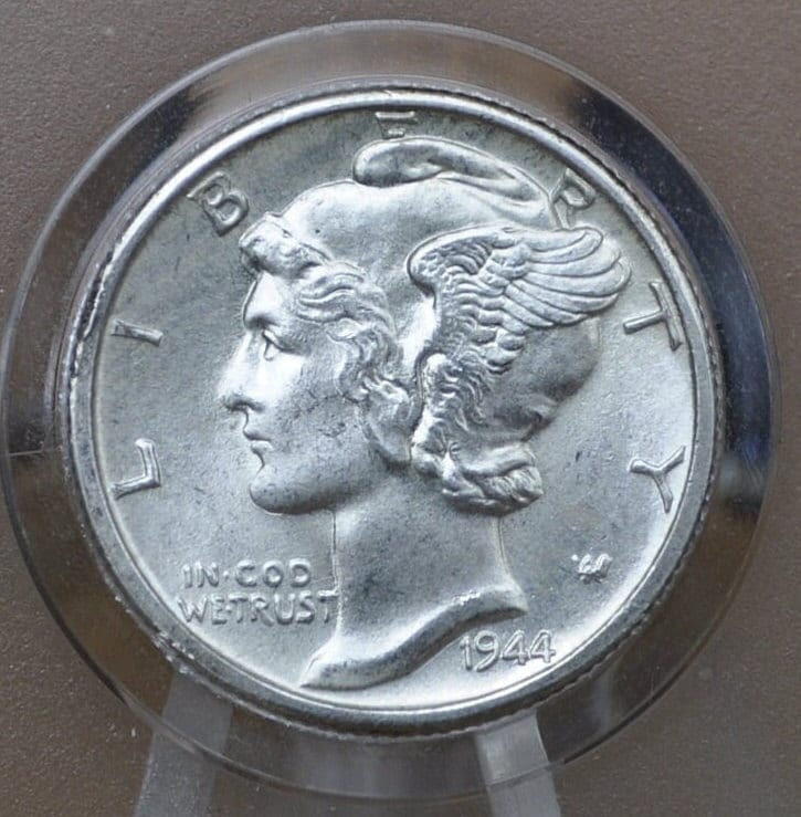 1944 Mercury Dime - AU/BU (Uncirculated) Grade - Philadelphia Mint - 1944 Liberty Head Dime - 1944 Winged Liberty Silver Dime - AU-58