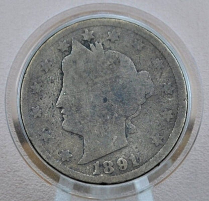 1891 Liberty Head Nickel - AG (About Good) Grade - Lower Mintage Date - 1891 V Nickel - Philadelphia Mint - 1891 Nickel