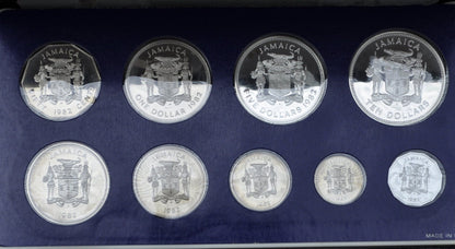 1982 Jamaican Silver Proof Set - Full Set of all 9 Coins - 1982 Jamaica Proof set as issued; Certificate of Authenticity, Sterling Silver