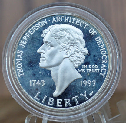 1993 Thomas Jefferson Silver Dollar - In Original Mint Case - Proof, Silver - The Architect of Democracy -- 1743-1993 250th Commemorative