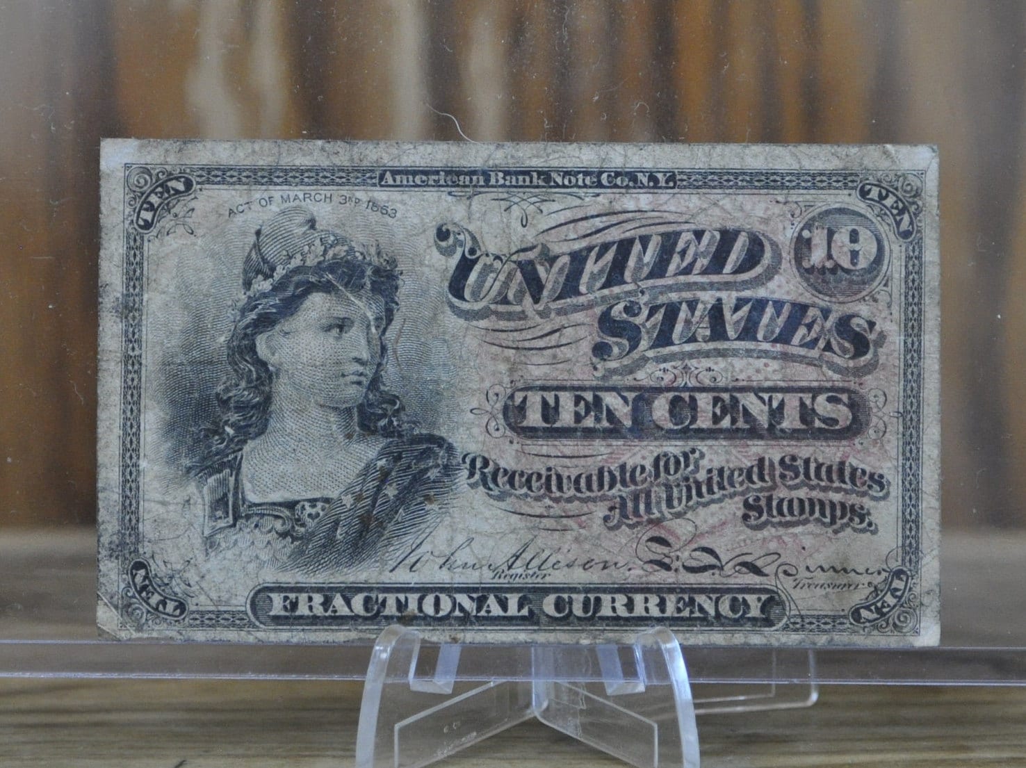 Authentic 1863 10 Cent Fractional Currency / 1863 Fractional Currency - F (Fine) Grade / Condition - 2nd Issue Fractional Note Fr1257