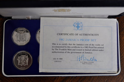 1982 Jamaican Silver Proof Set - Full Set of all 9 Coins - 1982 Jamaica Proof set as issued; Certificate of Authenticity, Sterling Silver