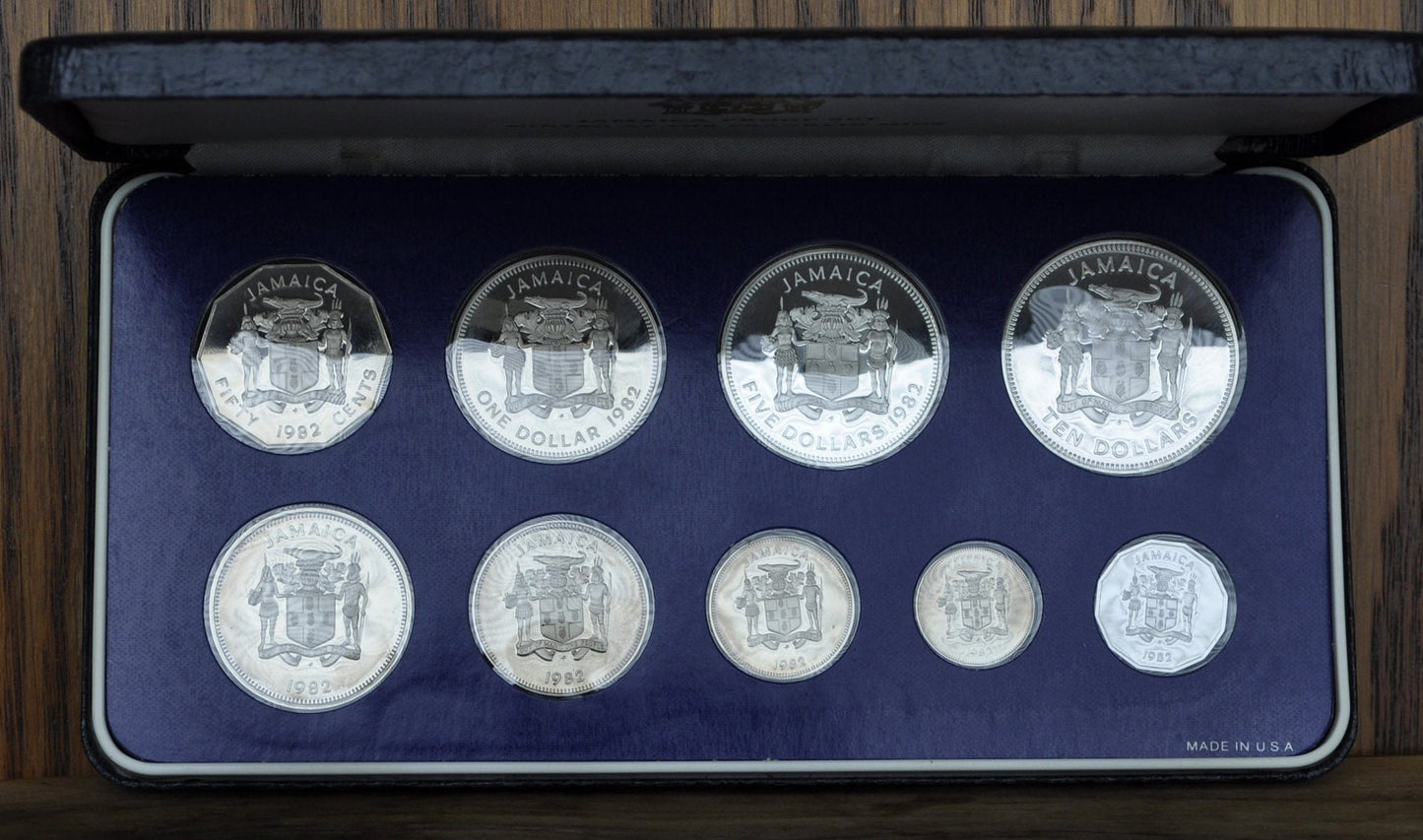 1982 Jamaican Silver Proof Set - Full Set of all 9 Coins - 1982 Jamaica Proof set as issued; Certificate of Authenticity, Sterling Silver