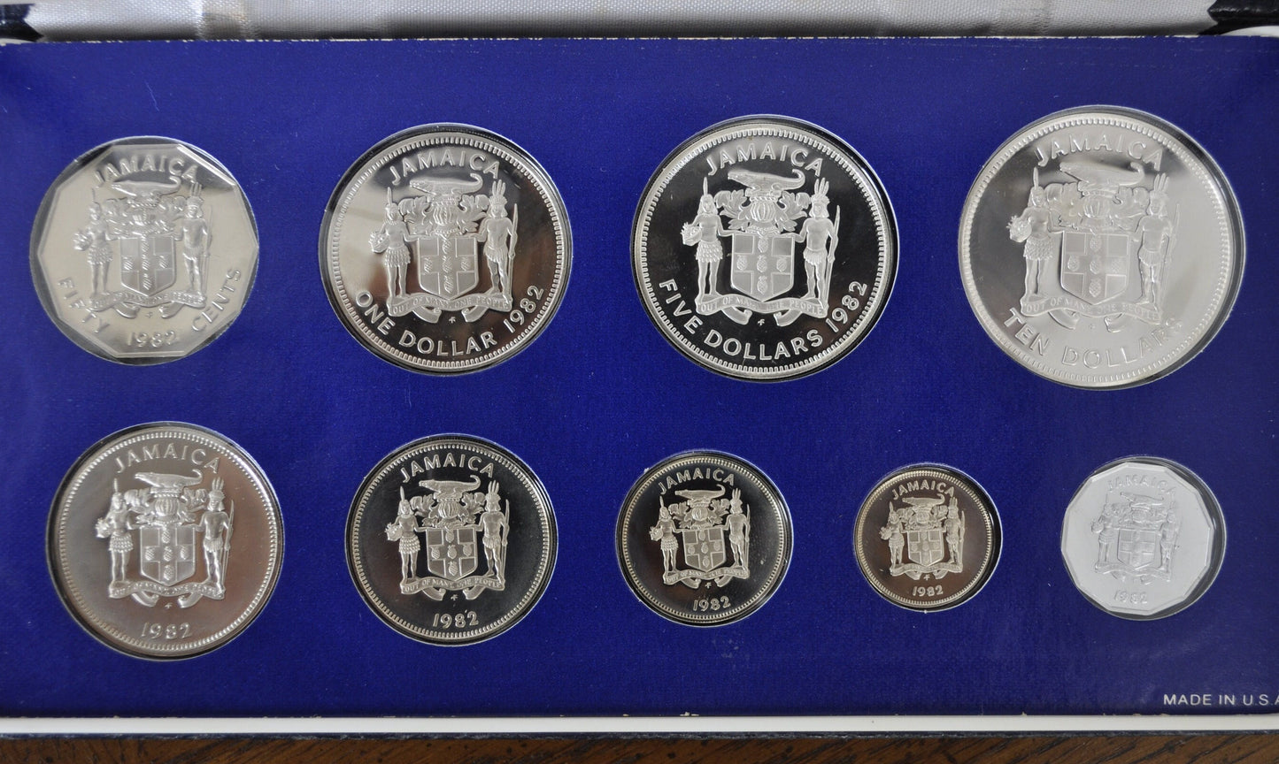 1982 Jamaican Silver Proof Set - Full Set of all 9 Coins - 1982 Jamaica Proof set as issued; Certificate of Authenticity, Sterling Silver