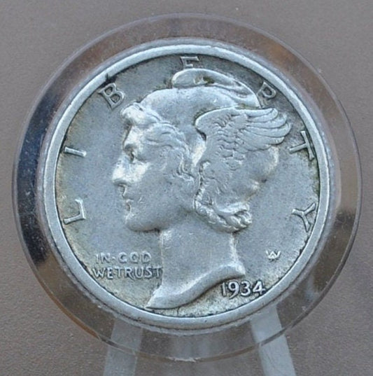 1934-D Mercury Dime - F to VF (Fine to Very Fine) - Denver Mint - Winged Liberty Head Dime 1934D - Silver Dime 1934 D