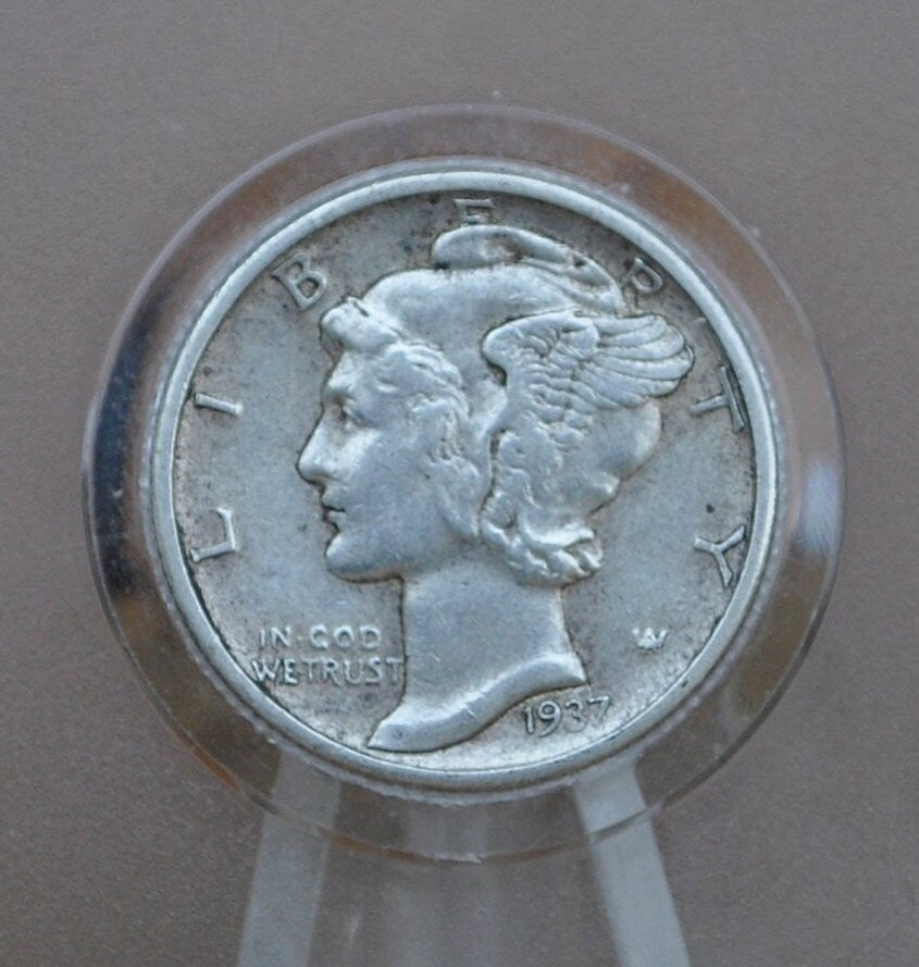 1937 Mercury Silver Dime - AU (About Uncirculated) - Philadelphia Mint - 1937 P Winged Liberty Head Silver Dime 1937P Dime