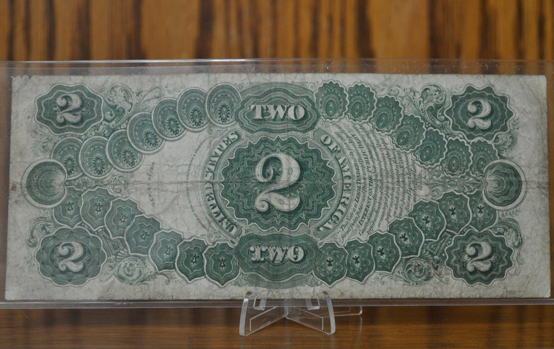 1917 2 Dollar Bill - F (Fine) Grade / Condition - Rarer Note - 1917 Horse Blanket Note Two Dollar Bill Bracelet back Fr#60 Fr60