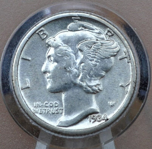 1934 Mercury Silver Dime - AU (About Uncirculated) Grade / Condition - Philadelphia Mint - 1934 P Winged Liberty Dime, Great Luster