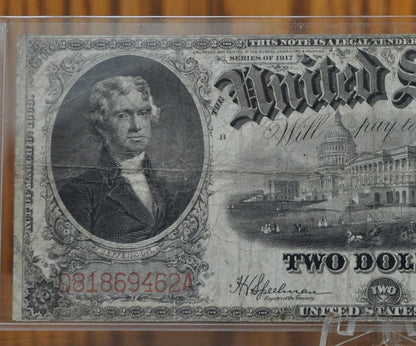 1917 2 Dollar Bill - F (Fine) Grade / Condition - Rarer Note - 1917 Horse Blanket Note Two Dollar Bill Bracelet back Fr#60 Fr60