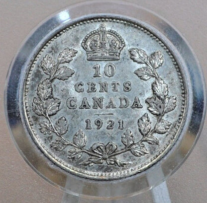 1921 Canadian Silver 10 Cent Coin - AU (About Uncirculated) Grade / Condition - King George V - Canada 10 Cent 80% Silver 1921, High Grade