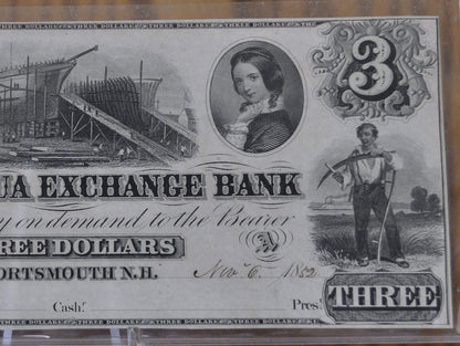 1852 Piscataqua Exchange Bank 3 Dollar Paper Banknote, Portsmouth NH - Uncirculated - Three Dollar Note Portsmouth New Hampshire 1852