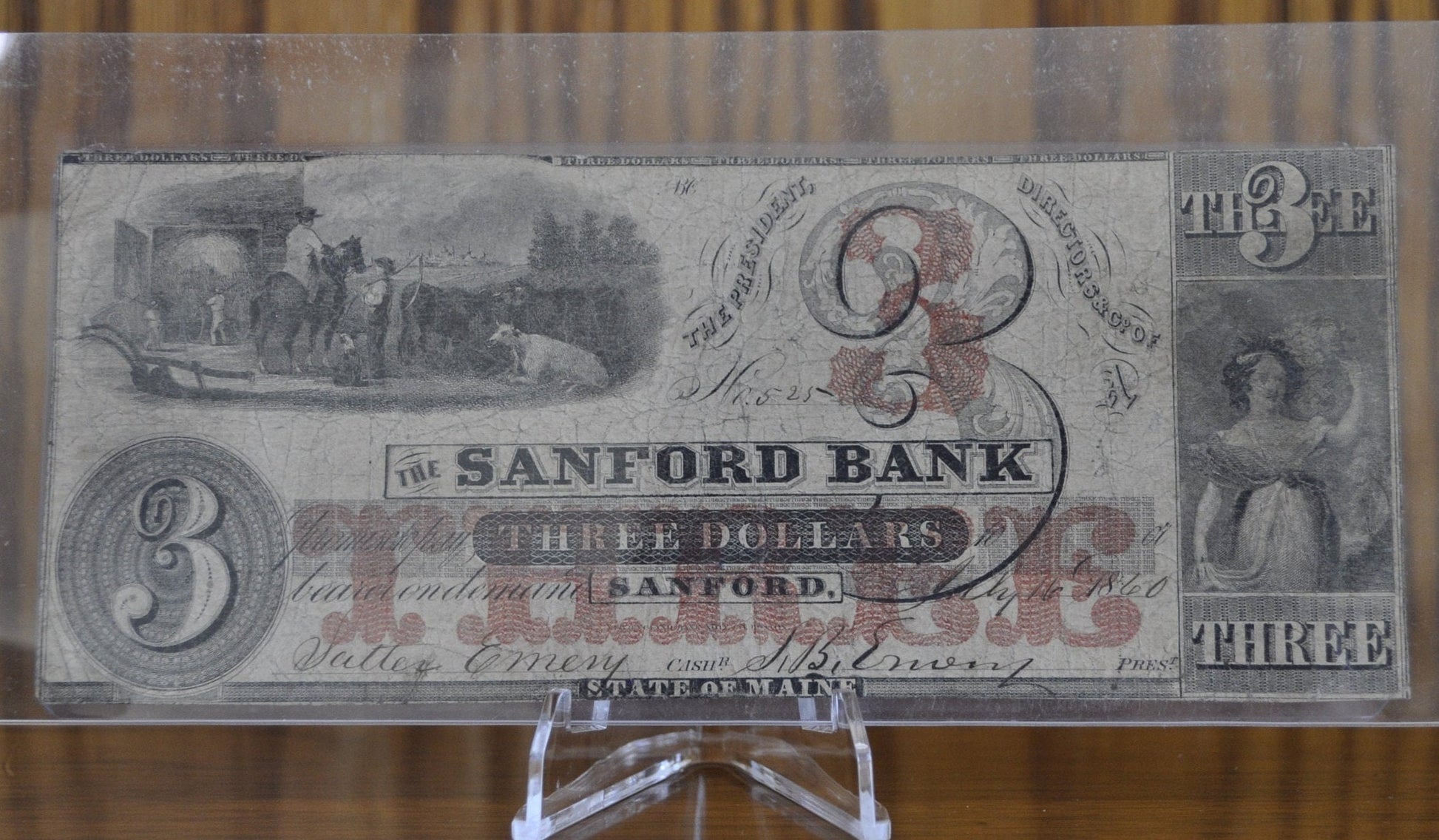 1860 The Sanford Bank 3 Dollar Paper Banknote, Sanford ME - F Condition -Rarer Find, Obsolete Currency - Three Dollar Note 1860 Sanford ME