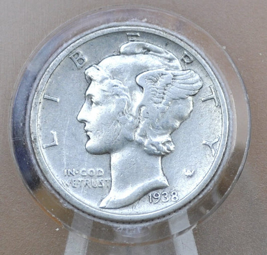 1938-S Mercury Silver Dime - VF to EF (Very Fine to Extremely Fine) - San Francisco Mint - 1938 S Winged Liberty Head Silver Dime 1938S Dime