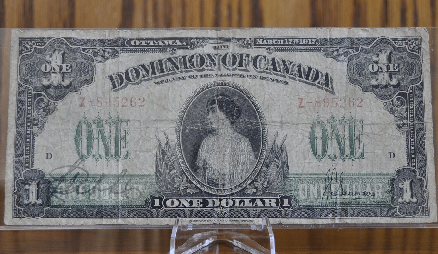 1917 Dominion of Canada One Dollar - No Seal, Z Prefix, Rarer Type for this Note - John C. Saunders Signed, P-32c / P32c