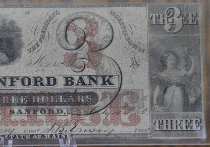 1860 The Sanford Bank 3 Dollar Paper Banknote, Sanford ME - F Condition -Rarer Find, Obsolete Currency - Three Dollar Note 1860 Sanford ME