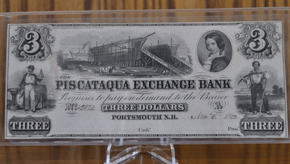 1852 Piscataqua Exchange Bank 3 Dollar Paper Banknote, Portsmouth NH - Uncirculated - Three Dollar Note Portsmouth New Hampshire 1852
