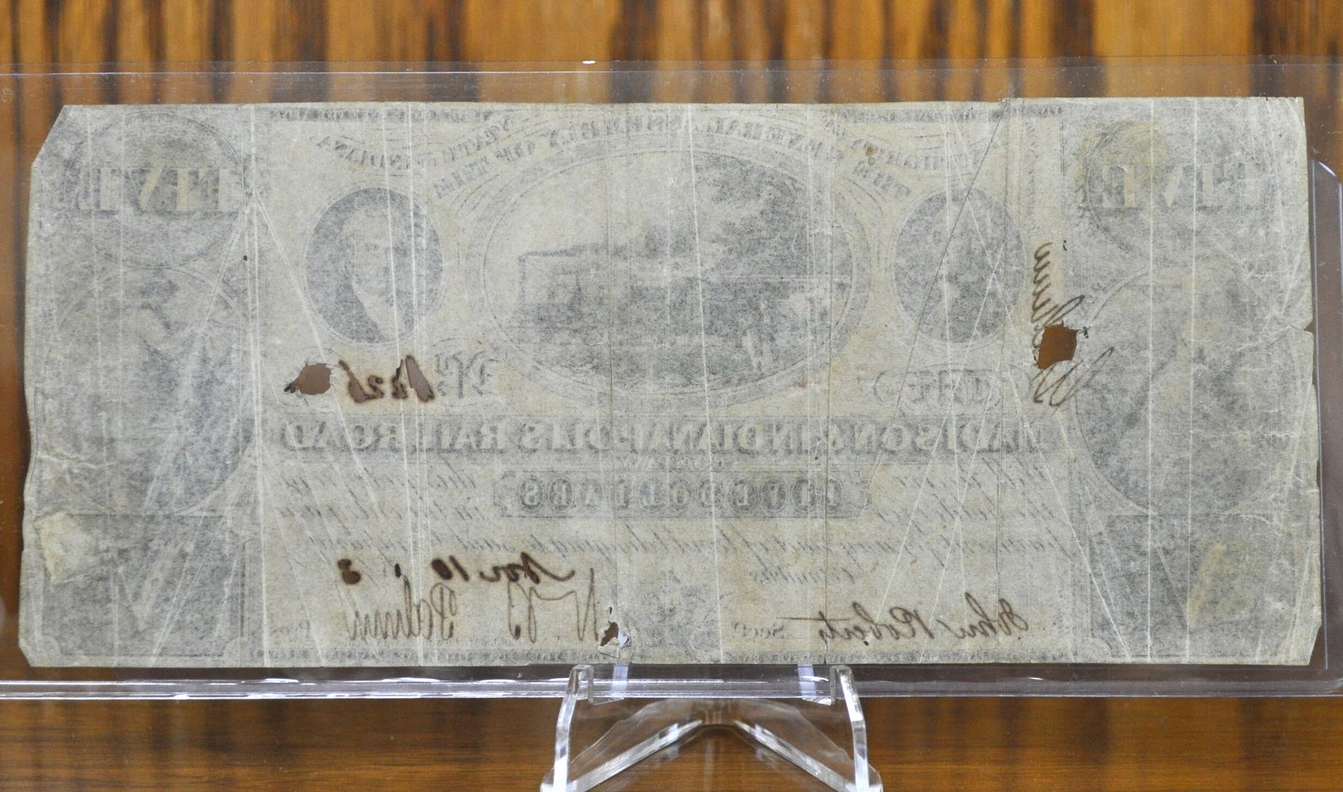 Rare 1843 5 Dollar Banknote Madison and Indianapolis Railroad - Scarce - Five Dollar Note I&M Railroad 1840s