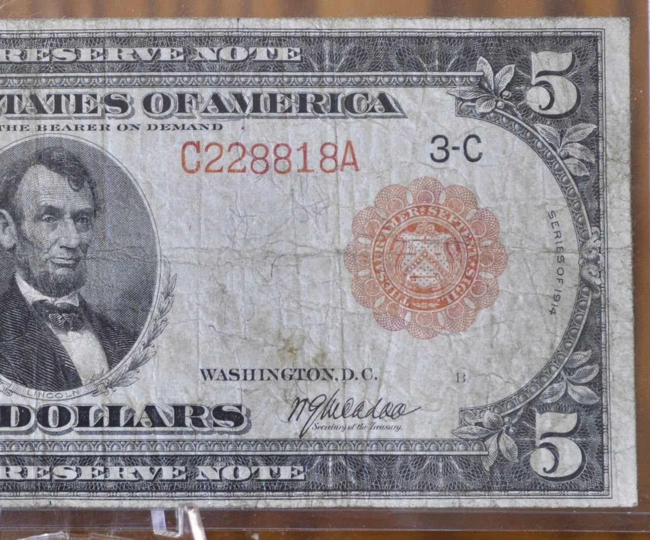 1914 5 Dollar Federal Reserve Note Large Size Red Seal Fr834B - Very Fine - Boston 1914 Five Dollar Bill Large Note 1914-A Boston Fr#834-B