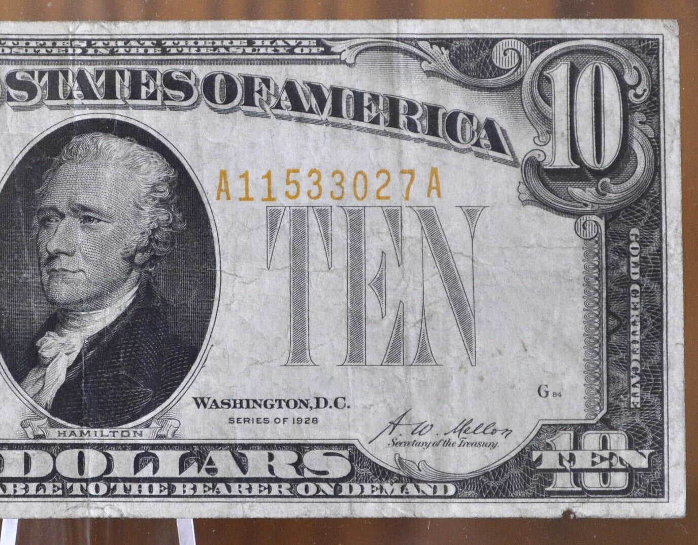 1928 10 Dollar Gold Certificate Fr#2400 - VF+ (Very Fine) - Rare 1928 Ten Dollar Gold Cert Fr Number 2400 Woods / Mellon Signed