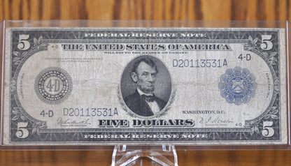 1914 5 Dollar Federal Reserve Note Large Size Fr858 - F (Fine) - Boston 1914 Five Dollar Bill Large Note 1914-A Boston Fr#858 / Fr858