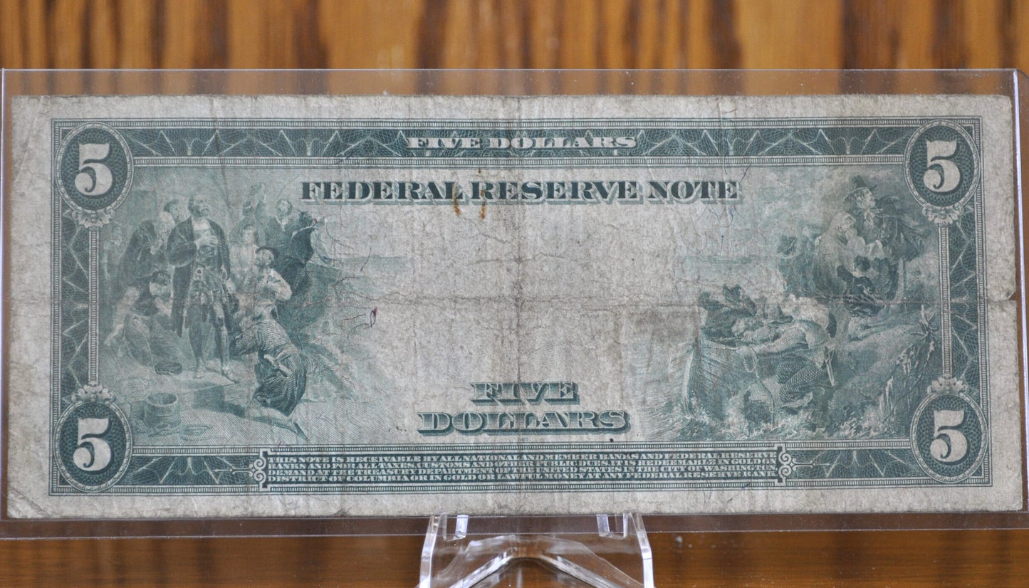 1914 5 Dollar Federal Reserve Note Large Size Fr858 - F (Fine) - Boston 1914 Five Dollar Bill Large Note 1914-A Boston Fr#858 / Fr858