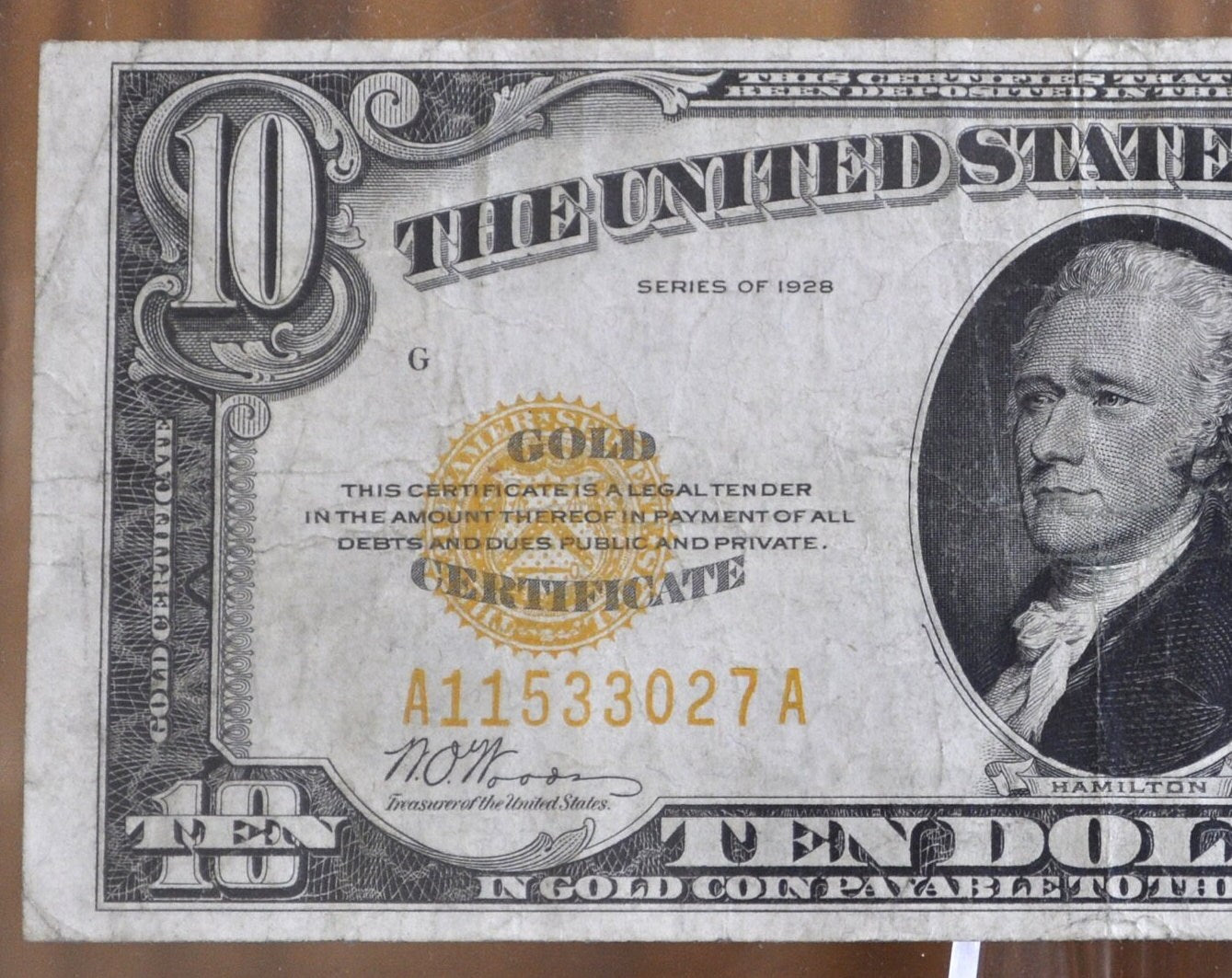1928 10 Dollar Gold Certificate Fr#2400 - VF+ (Very Fine) - Rare 1928 Ten Dollar Gold Cert Fr Number 2400 Woods / Mellon Signed