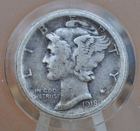 1918-S Mercury Dime - VG-F (Very Good to Fine) - San Francisco Mint - Good Detail - 1918 S Mercury Head Dime - 1918 Winged Liberty Head Dime