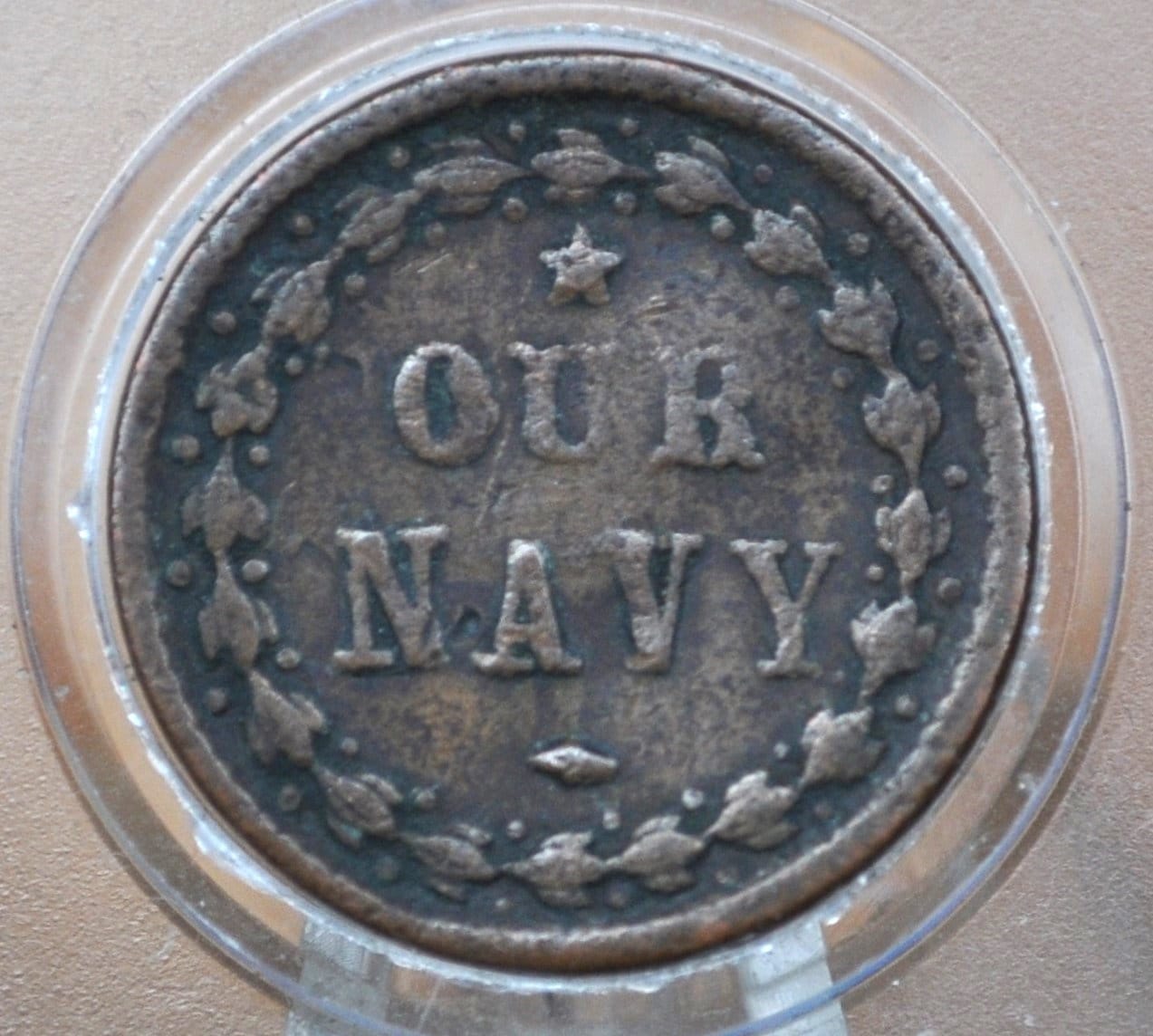 1864 Civil War Token - Our Navy - Circulated - Cool Civil War Token - Unique Design, Monitor Warship