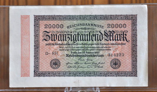 1923 20,000 Mark German Paper Note - Reichsbanknote - XF/AU Grade / Condition - WWI era note - Twenty Thousand Mark Note