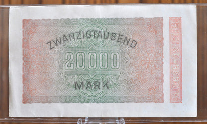 1923 20,000 Mark German Paper Note - Reichsbanknote - XF/AU Grade / Condition - WWI era note - Twenty Thousand Mark Note