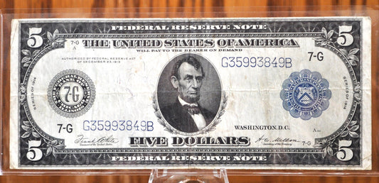 1914 5 Dollar Federal Reserve Note Large Size Fr871 - VF (Very Fine) - Chicago 1914 Five Dollar Bill Large Note 1914 Horseblanket Fr#871