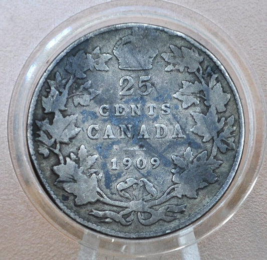 1909 Canadian Silver Quarter - Fine Details, Rim Dent - King George - 92.5% Silver Quarter Canada 1909 - Canadian Coin Collection