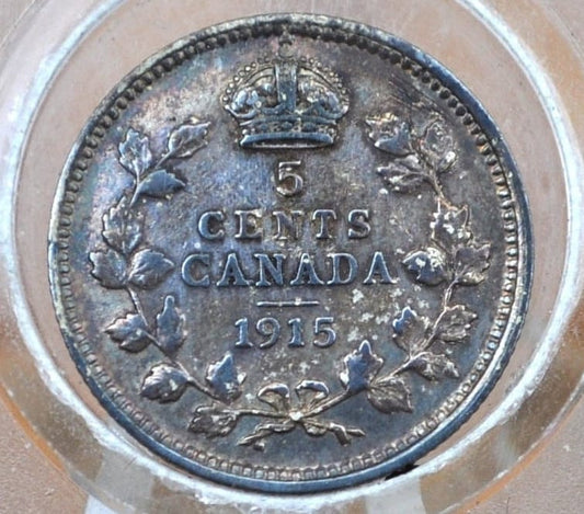 1915 Canadian Silver 5 Cent Coin - About Uncirculated, Toned, Nice Color - Canada 5 Cent Sterling Silver 1915 Canada - Lower Mintage