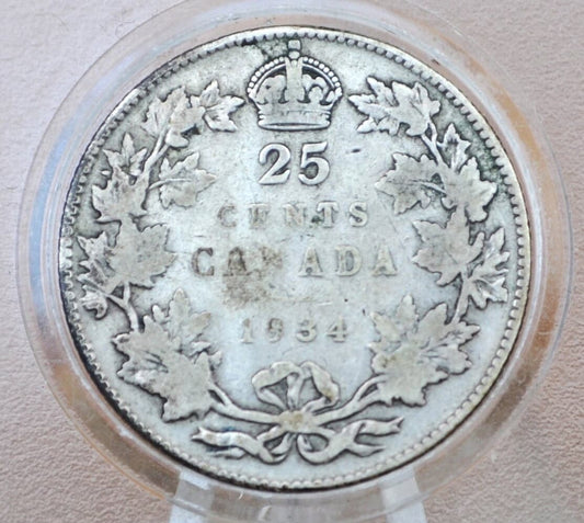1934 Canadian Silver Quarter - F (Fine) Grade, Low Mintage Date - King George V - 92.5% Silver Quarter Canada - Semi-Key Date