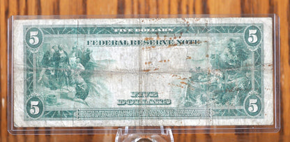1914 5 Dollar Federal Reserve Note Large Size Fr851 - F (Fine) - NY 1914 Five Dollar Bill Large Note 1914 New York Fr#851