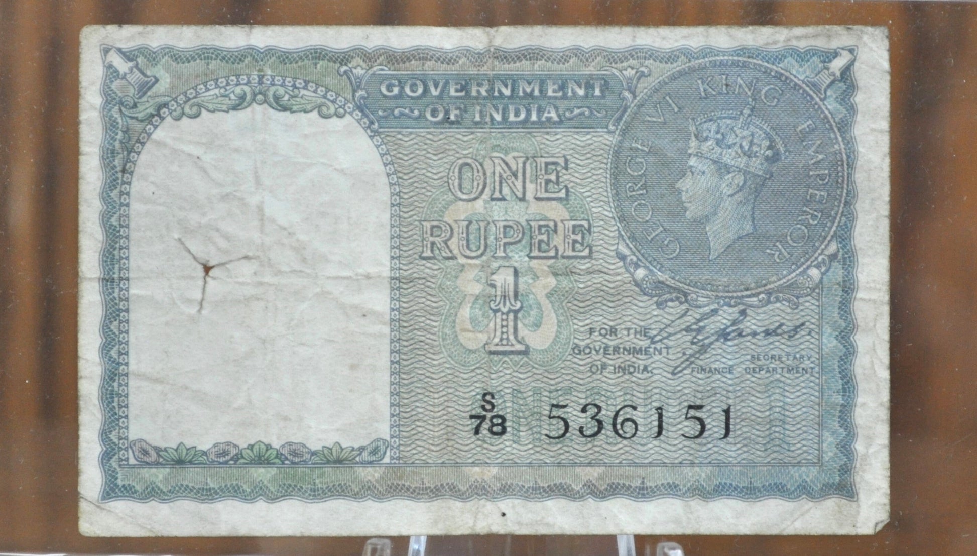 1940 1 Rupee Banknote - One Rupee Paper Note - WWII Era Banknote - King George VI (the 6th)