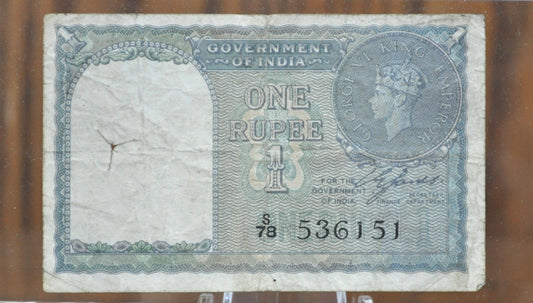 1940 1 Rupee Banknote - One Rupee Paper Note - WWII Era Banknote - King George VI (the 6th)