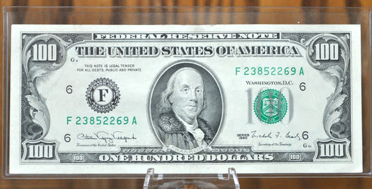 1990 100 Dollar Federal Reserve Note, Atlanta, Lower Number Issued - Choice AU, Crisp Note - 1990 One Hundred Dollar Frn F Atlanta Fr#2173-F