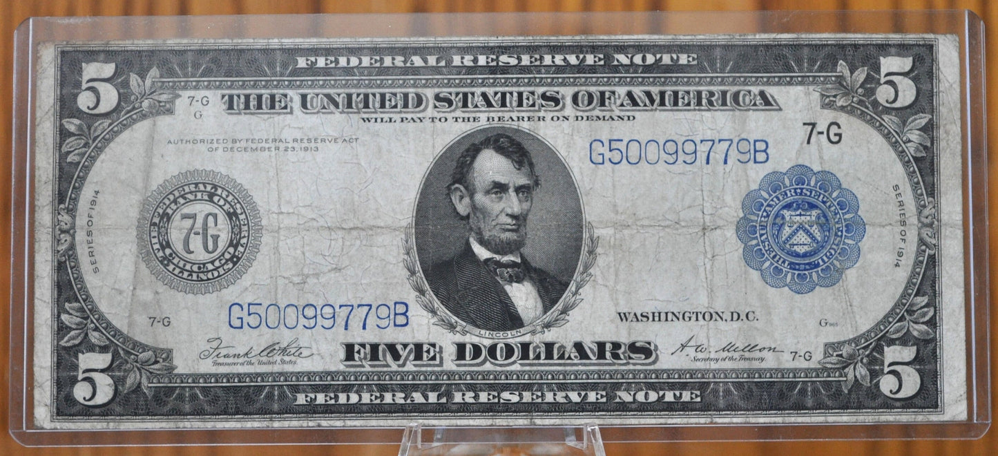 1914 5 Dollar Federal Reserve Note Large Size Fr871 - F (Fine) - Chicago 1914 Five Dollar Bill Large Note 1914 Horseblanket Fr#871